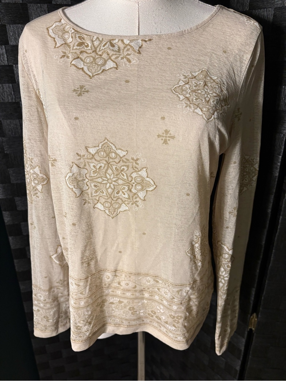 VTG New York & Co Glitter Mesh Long Sleeve Top Cream Gold Medallion Y2K